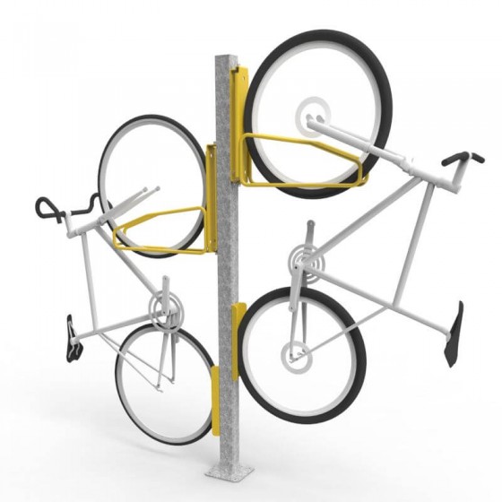 e3vr dyn dynamic vertical bike rack on post 2 bikes perspective